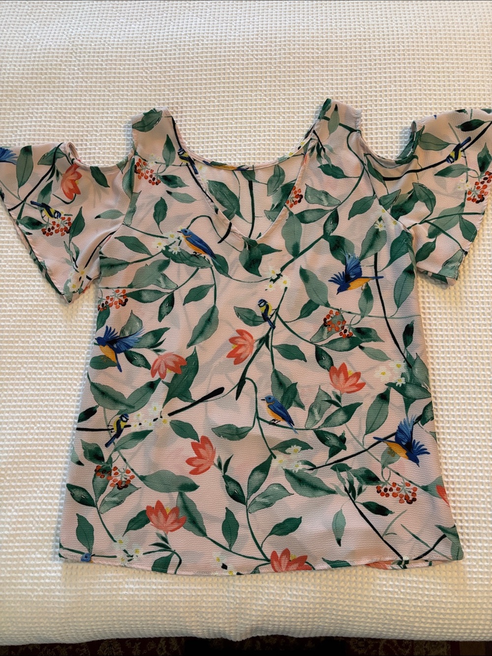 Floral Cold-Shoulder Blouse in Blush Pink